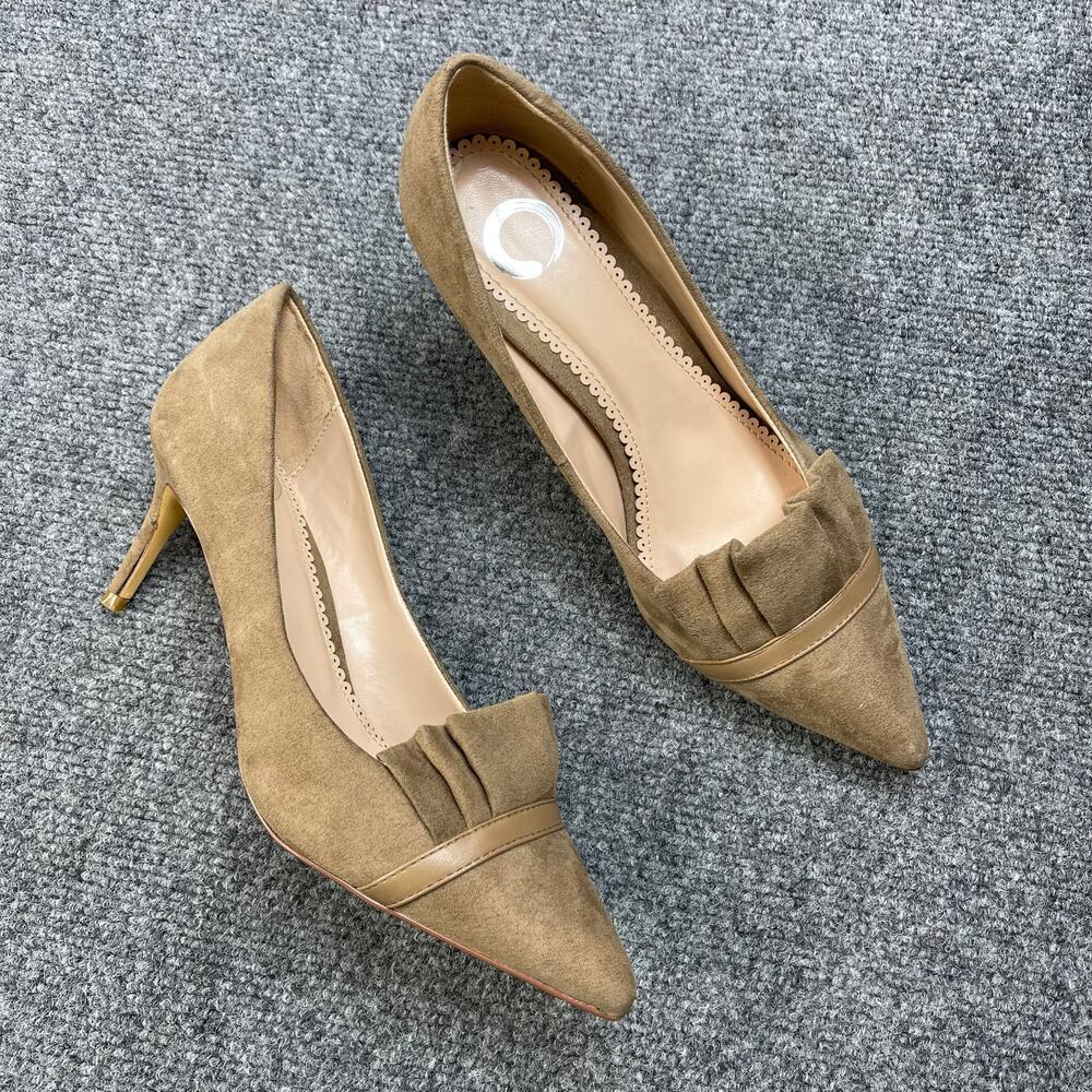 Journee Collection Womens Heels 6.5 Marek Taupe Microfiber Ruffle Accent